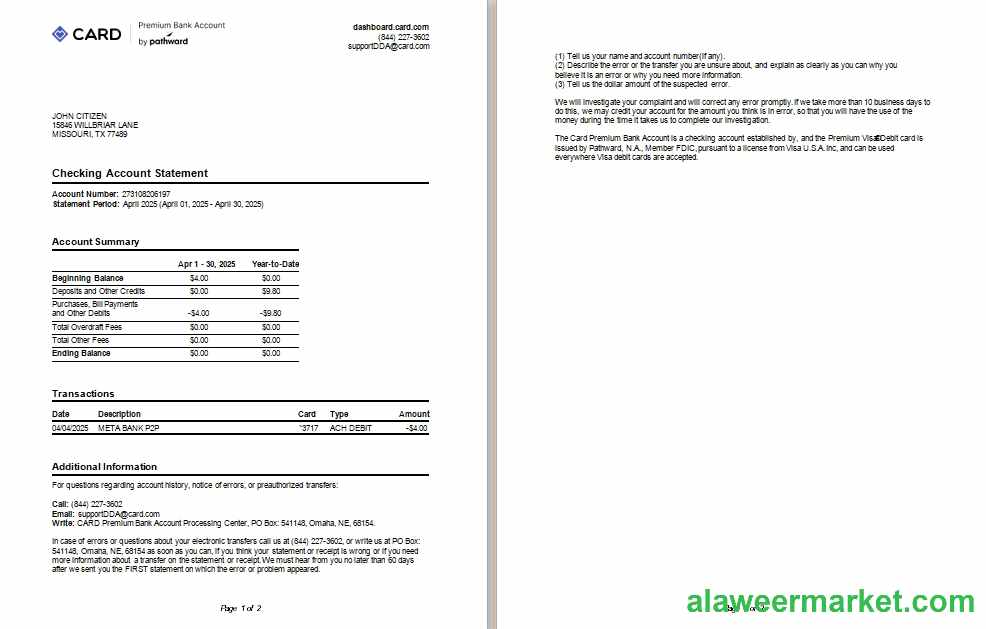 USA TX Card premium bank account statement scr